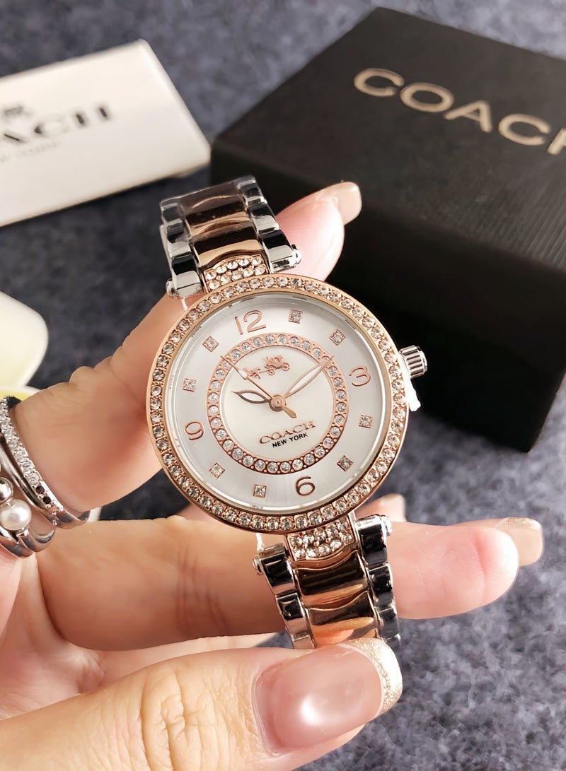 ساعة يد نسائية من كوتش، ثنائية اللون، مرصعة بالكريستال، ساعة كوارتز فاخرة